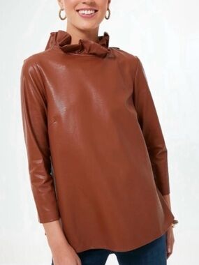Tuckernuck Faye Faux Leather Ruffle Popover Shirt in vegan cognac brown Size M